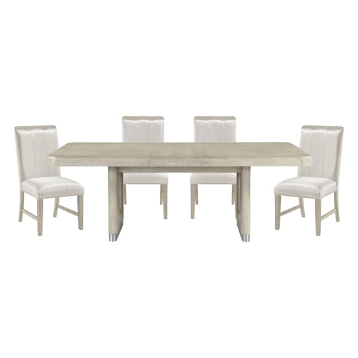 Modern Light Gray 5pc Dining Set Expandable Dining Table Upholstered Chairs Metallic Accents Wooden Furniture Glass House Furnishings