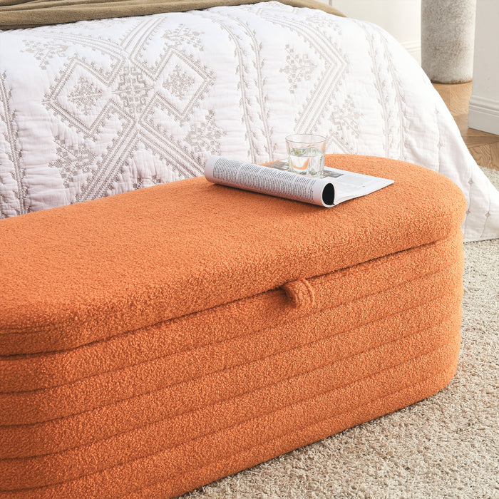 [Video] Welike Length 45.5 inchesStorage Ottoman Bench Upholstered Fabric Storage Bench End of Bed Stool with Safety Hinge for Bedroom, Living Room, Entryway, orange teddy.