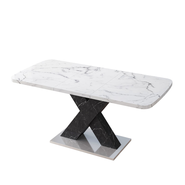 Modern Square Dining Table, Stretchable, White Marble Table Top+MDF Black X-Shape Table Leg with Metal Base