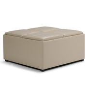 Avalon Beige Faux Leather Coffee Table Storage Ottoman Glass House Furnishings