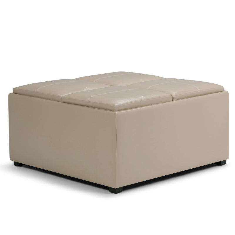 Avalon Beige Faux Leather Coffee Table Storage Ottoman Glass House Furnishings