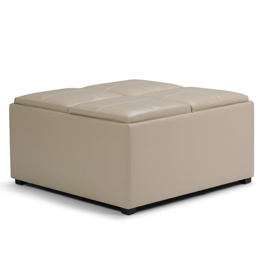 Avalon Beige Faux Leather Coffee Table Storage Ottoman Glass House Furnishings
