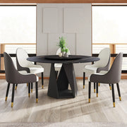 59.05' Round Marble Dining Table with Black Iron Metal Base, Artificial Marble for 6-8 People, 31.5'Black Artificial Stone Turntable,Black (With 6 chairs) Glass House Furnishings