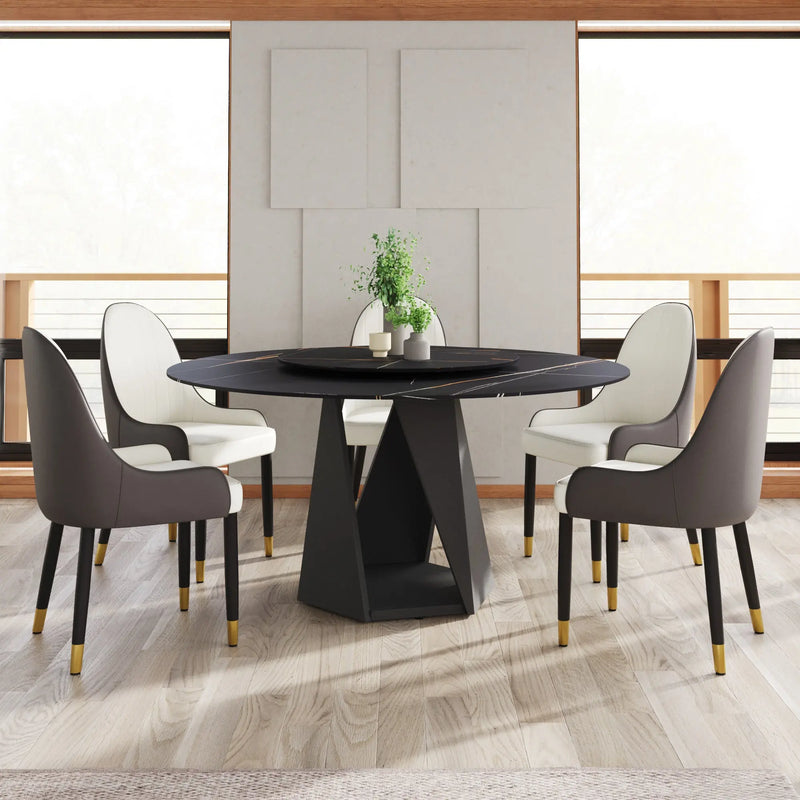 59.05' Round Marble Dining Table with Black Iron Metal Base, Artificial Marble for 6-8 People, 31.5'Black Artificial Stone Turntable,Black (With 6 chairs) Glass House Furnishings