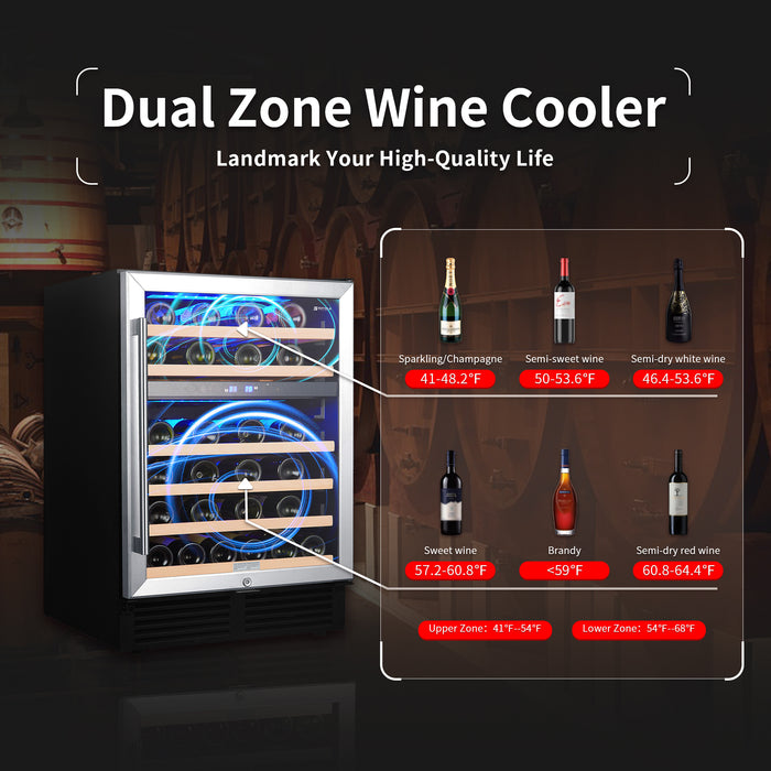 SOTOLA Wine Cooler 24 Dual Zones inch Wine Refrigerator 46 Bottles Built-in Wine Fridge Under Counter or Freestanding  Auto Defrost 6 Removable Shelves Glass Door Quiet for Home Office Bar