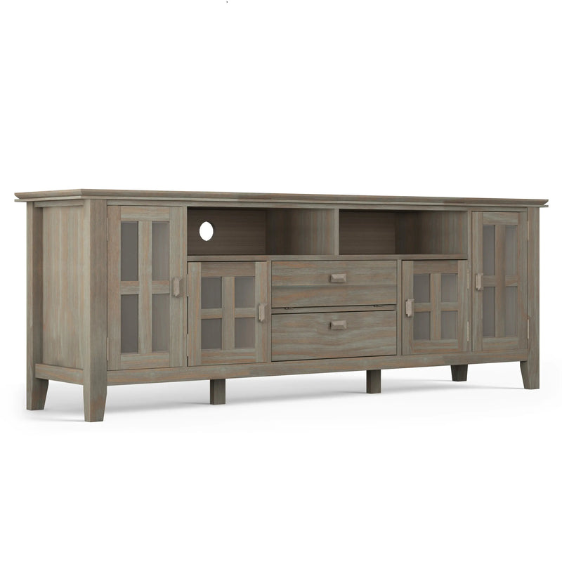 Artisan 72 inch Wide Solid Wood TV Stand in Distressed Grey For TVs up to 80 inches Glass House Furnishings