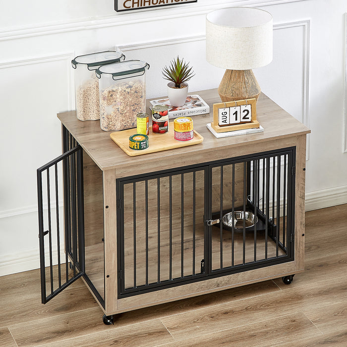 Furniture Style Dog Crate Side Table With Rotatable Feeding Bowl, Wheels, Three Doors, Flip-Up Top Opening. Indoor, Grey, 38.58"W x 25.2"D x 27.17"H