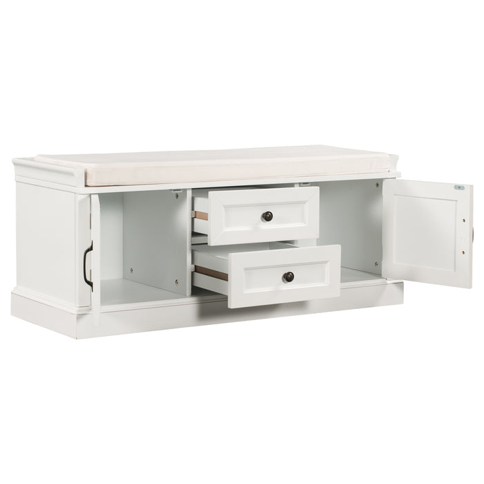 TREXM Storage Bench with 2 Drawers and 2 Cabinets, Shoe Bench with Removable Cushion for Living Room, Entryway (White)