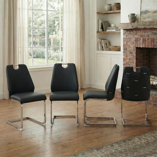Dining Chairs Set of 4, Black Faux Leather Kitchen Chairs with Gold Mesh Texture, Silver Back Ring and Chrome Pull Handle, High Back Upholstered Dining Room Chair (Black, Set of 4) Glass House Furnishings