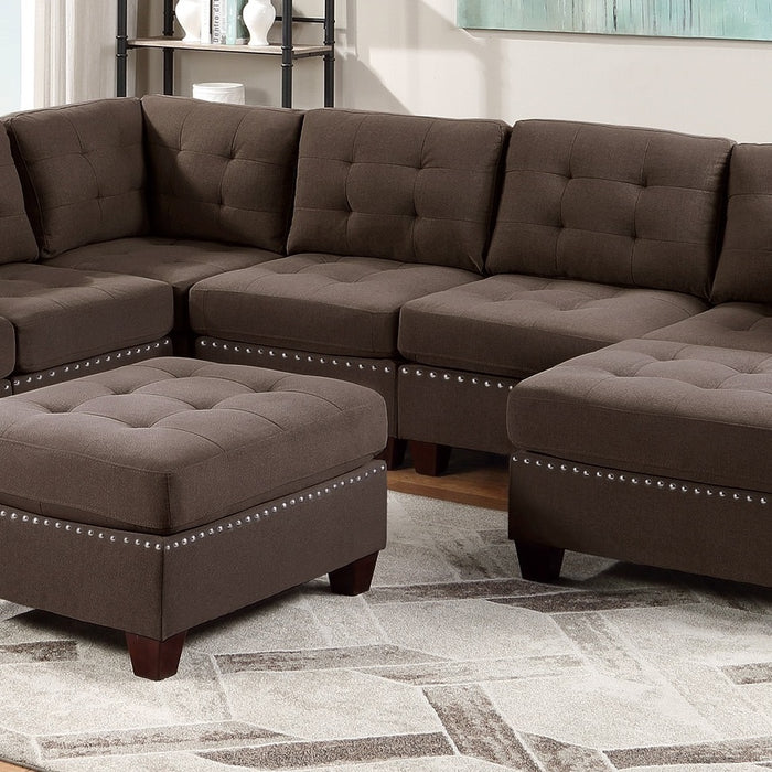 Contemporary Modular Sectional 8pc Set Living Room Furniture Corner L-Sectional Black Coffee Linen Like Fabric Tufted Nail heads 3x Corner Wedge 3x Armless Chair and 2x Ottoman