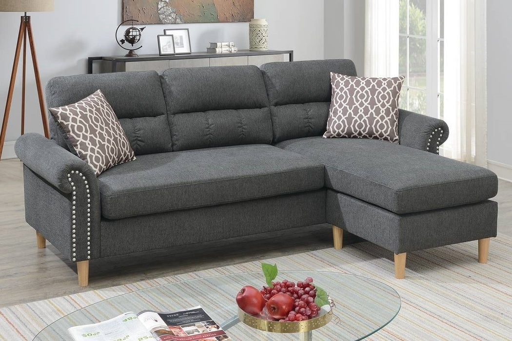 Slate Polyfiber Reversible Sectional Sofa Set with Chaise, Pillows, Plush Cushion, Couch Nailheads