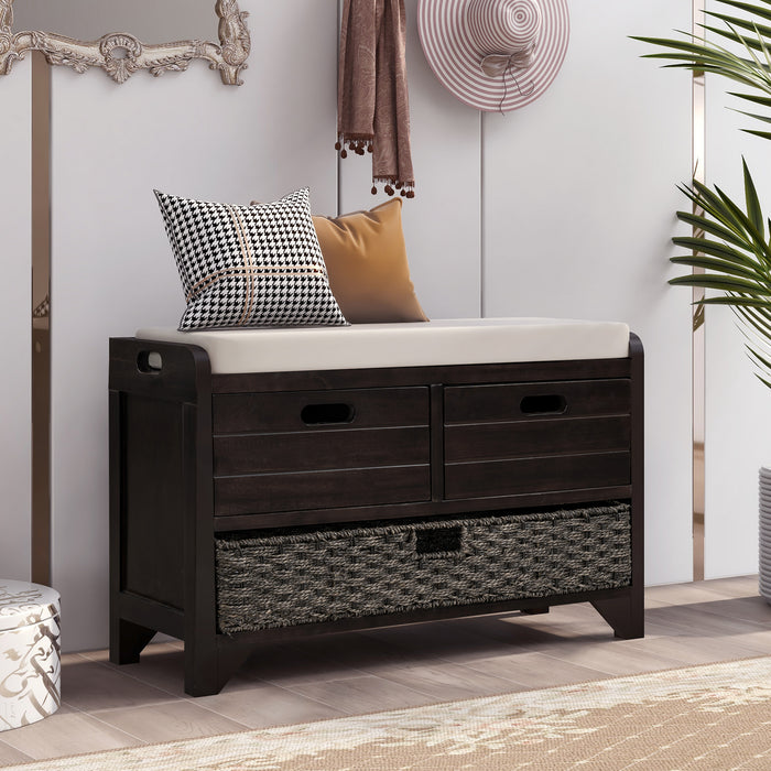 TREXM  Storage Bench with Removable Basket and 2 Drawers, Fully Assembled Shoe Bench with Removable Cushion (Espresso)