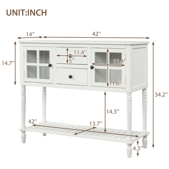 TREXM Sideboard Console Table with Bottom Shelf, Farmhouse Wood/Glass Buffet Storage Cabinet Living Room (White)