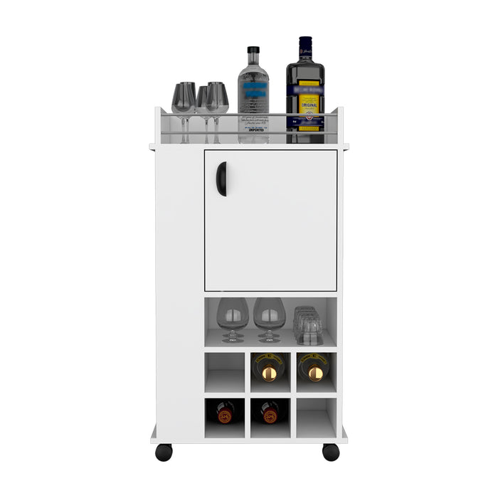 Bar Cart With Casters Reese, Six Wine Cubbies & Single Door, White