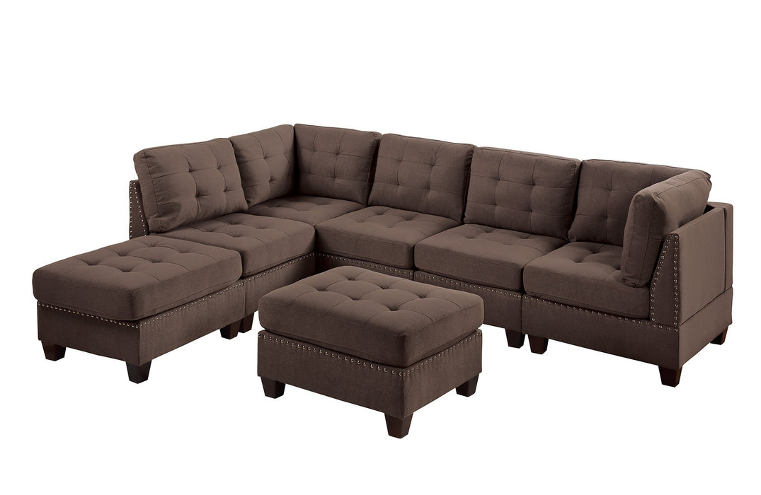 Contemporary Modular Sectional 7pc Set Living Room Furniture Corner L-Sectional Black Coffee Linen Like Fabric Tufted Nail heads 2x Corner Wedge 3x Armless Chair and 2x Ottoman