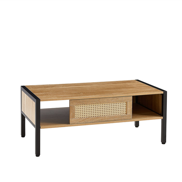 40.16" Rattan Coffee table, sliding door for storage, metal legs, Modern table  for living room , natural