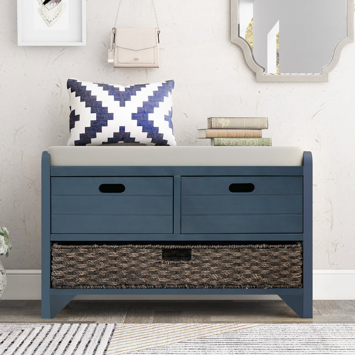 TREXM  Storage Bench with Removable Basket and 2 Drawers, Fully Assembled Shoe Bench with Removable Cushion (Navy)