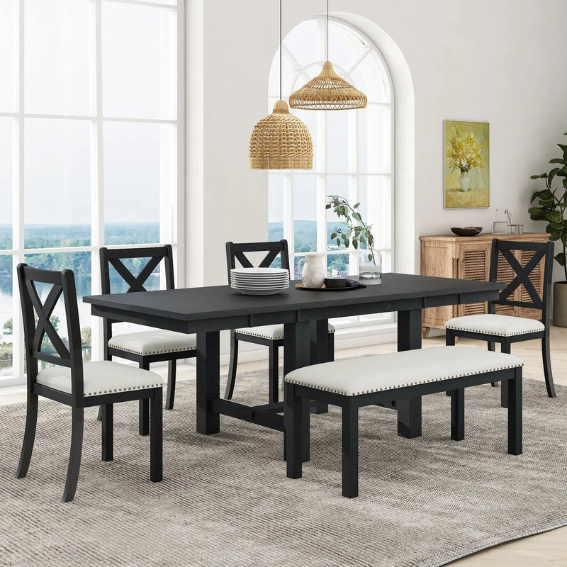 TOPMAX Farmhouse 82inch 6-Piece Extendable Dining Table with Footrest, 4 Upholstered Dining Chairs and Dining Bench, Two 11'Removable Leaf, Black+Beige Cushion (old sku: SP000023AAB) Glass House Furnishings