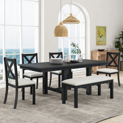 TOPMAX Farmhouse 82inch 6-Piece Extendable Dining Table with Footrest, 4 Upholstered Dining Chairs and Dining Bench, Two 11'Removable Leaf, Black+Beige Cushion (old sku: SP000023AAB) Glass House Furnishings