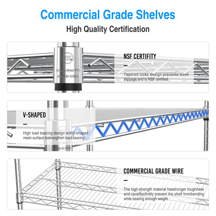 6 Tier Wire Shelving Unit, 6000 LBS NSF Height Adjustable Metal Garage Storage Shelves with Wheels, Heavy Duty Storage Wire Rack Metal Shelves - Chrome - 186082