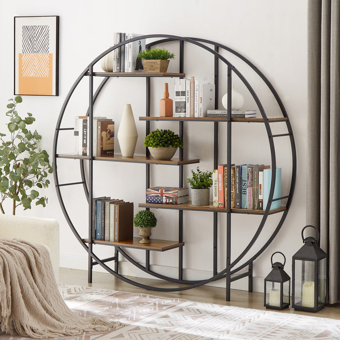 Round 5-Tier Metal Plant Stand bookcase storage rack, Indoor Living Room Terrace Garden Balcony Display Stand. Rustic Brown, 67'' W x 11.8'' D x 67'' H.