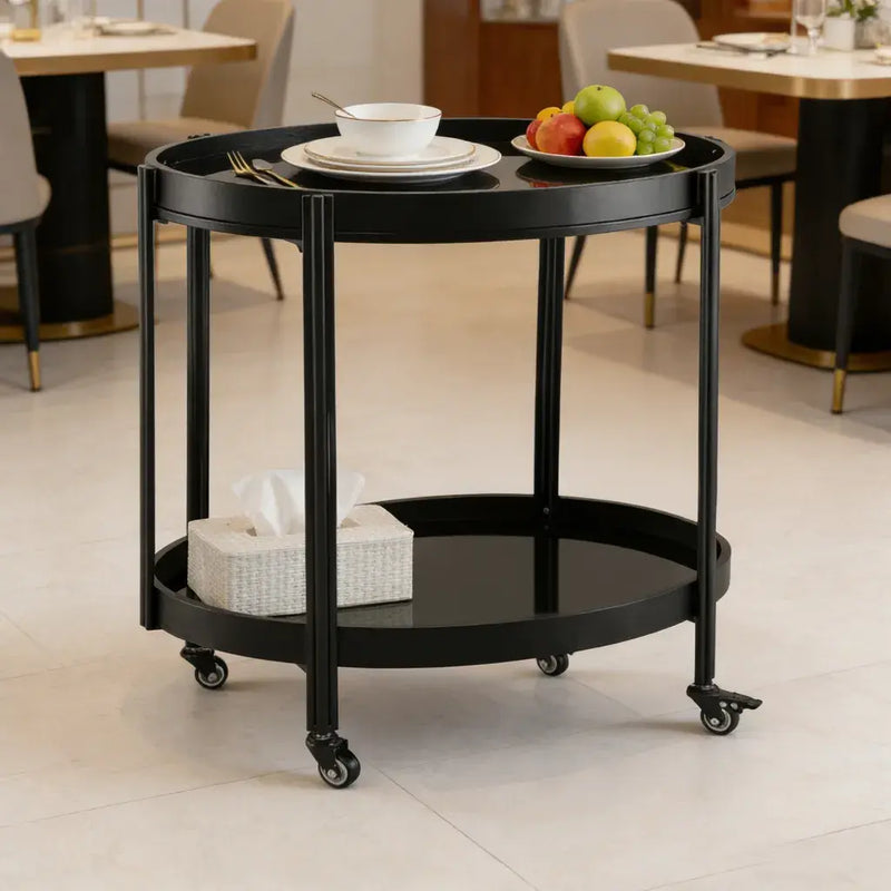 Oval Black Bar Cart with 2 Black Tempered Glass Shelves Glass House Furnishings