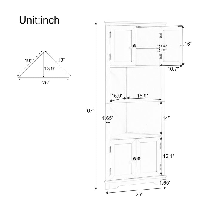 Tall Bathroom Storage Cabinet, Corner Cabinet with Doors and Adjustable Shelf, MDF Board, White