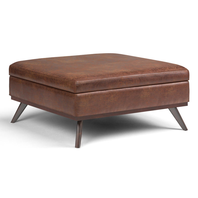 Owen Distressed Saddle Brown Vegan Leather Coffee Table Storage Ottoman Glass House Furnishings