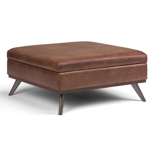 Owen Distressed Saddle Brown Vegan Leather Coffee Table Storage Ottoman Glass House Furnishings