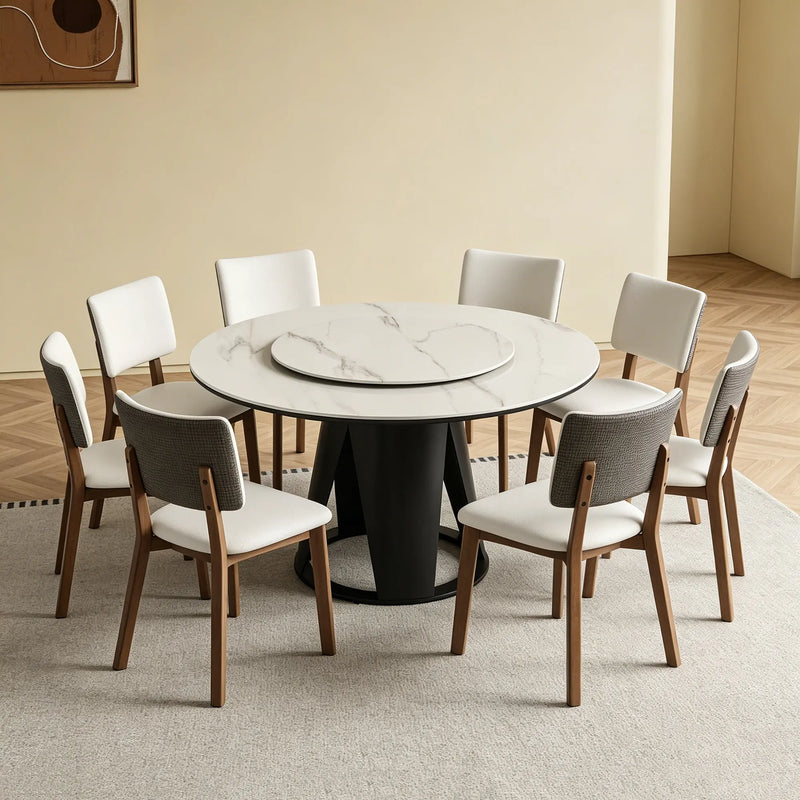 59''Modern Sintered stone dining table with 35.4' round turntable for 8 person with metal exquisite pedestal  with 8pcs Chairs Glass House Furnishings