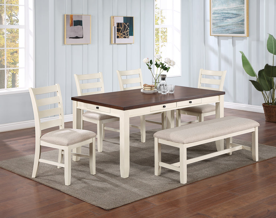 White Classic Rubberwood Bench with Beige Fabric Cushion Seat - Dining Room Furniture