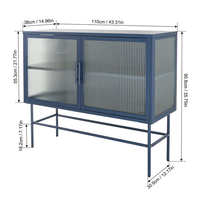 Double Door Tempered Glass Sideboard Console Table with 2 Fluted Glass Doors Adjustable Shelf and Feet Anti-Tip Dust-free Kitchen Credenza Cabinet Blue