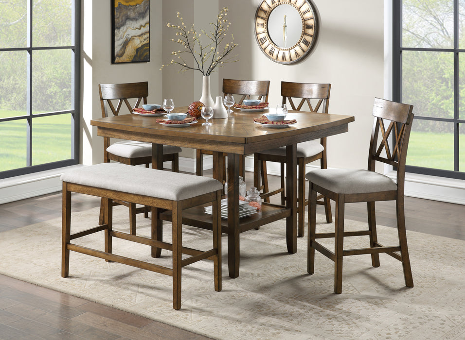 Wooden Frame Counter Height Bench with Light Oak Finish, Mindy Veneer, Gray Textured Fabric Upholstery - Dining Room Furniture