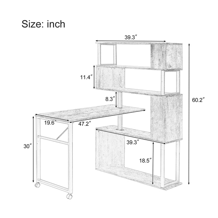 Home Office Computer Desk L-Shaped Corner Table, Rotating Computer Table with 5-Tier Bookshelf, 4 Installation Methods, Lockable Casters, Black