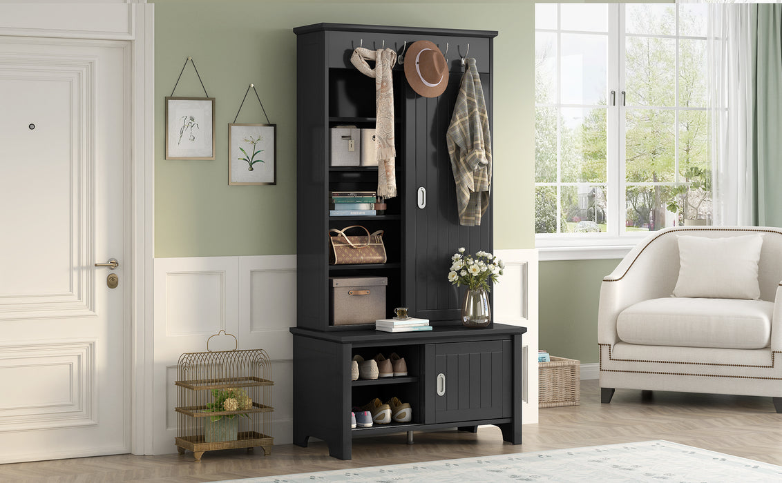 ON-TREND Multifunctional Hall Tree with Sliding Doors, Wooden Hallway Shoe Cabinet with Storage Bench and Shelves, Mudroom Coat Storage with Hanging Hooks for Entryways, Black