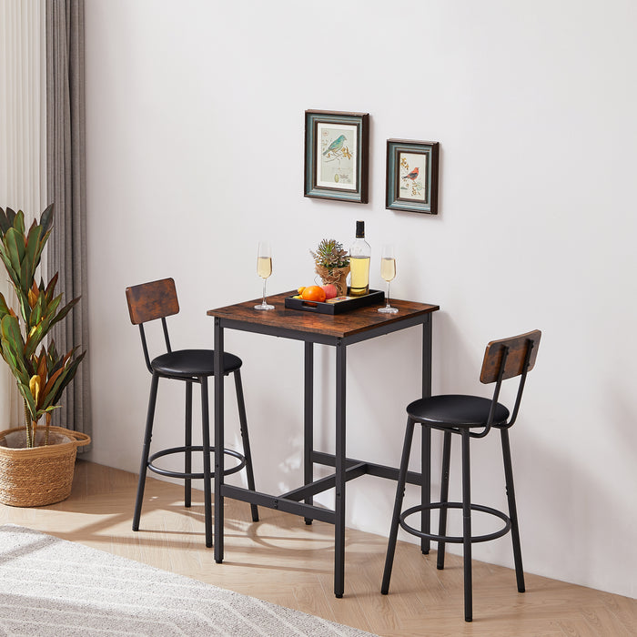 Bar Table Set With 2-Bar Stools, PU Soft Seat With Backrest, Rustic Brown, 23.62'' W x 23.62'' D x 35.43'' H