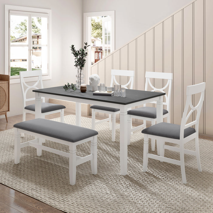 TOPMAX 6-Piece Wood Dining Table Set with Upholstered Bench and 4 Dining Chairs - Farmhouse Style, Gray + White