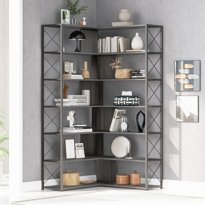 7-Tier L-Shaped Corner Bookcase, Industrial Style with Metal Frame and Open Storage Shelves, Perfect for Home Office - MDF Board, Silver + Grey