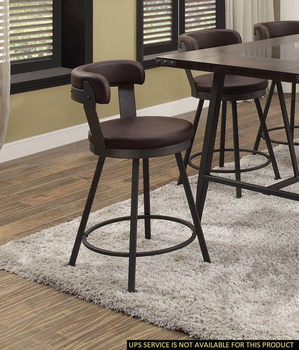 Set of 2 Metal Base 24-inch Counter Height Chairs with Brown Faux Leather Seats, 360-degree Swivel Upholstered Dining Room Furniture