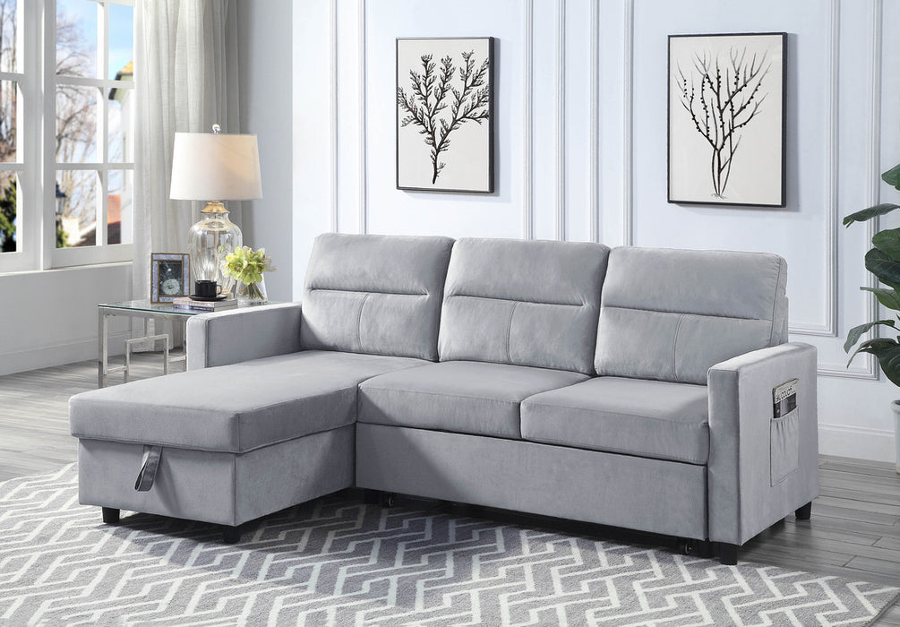 Ivy Light Gray Velvet Reversible Sleeper Sectional Sofa with Storage Chaise and Side Pocket