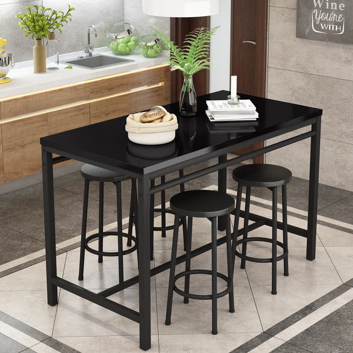 5-Piece Rural Kitchen Table Set With 4 Bar Stools, Metal Frame & MDF, Black