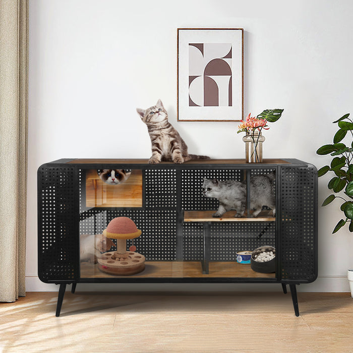 55.12-Inch Spacious Cat House With Tempered Glass, Perfect For Living Room, Hallway, Study, and More