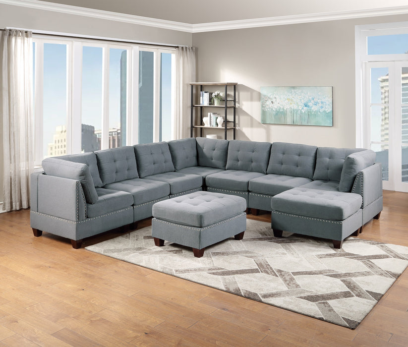 9-Piece Linen-Like Fabric Modular Sectional Living Room Furniture Set, Corner Sectional with Tufted Nail Heads, 3x Corner Wedge, 4x Armless Chairs, and 2x Ottomans, Gray