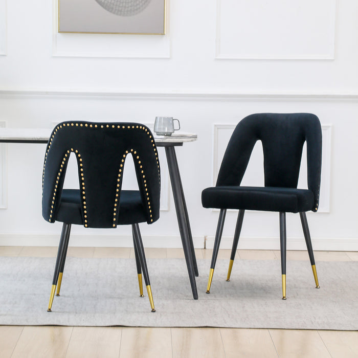 Set of 2 Modern Velvet Upholstered Dining Chairs With Nailheads & Gold Tipped Black Metal Legs, Black