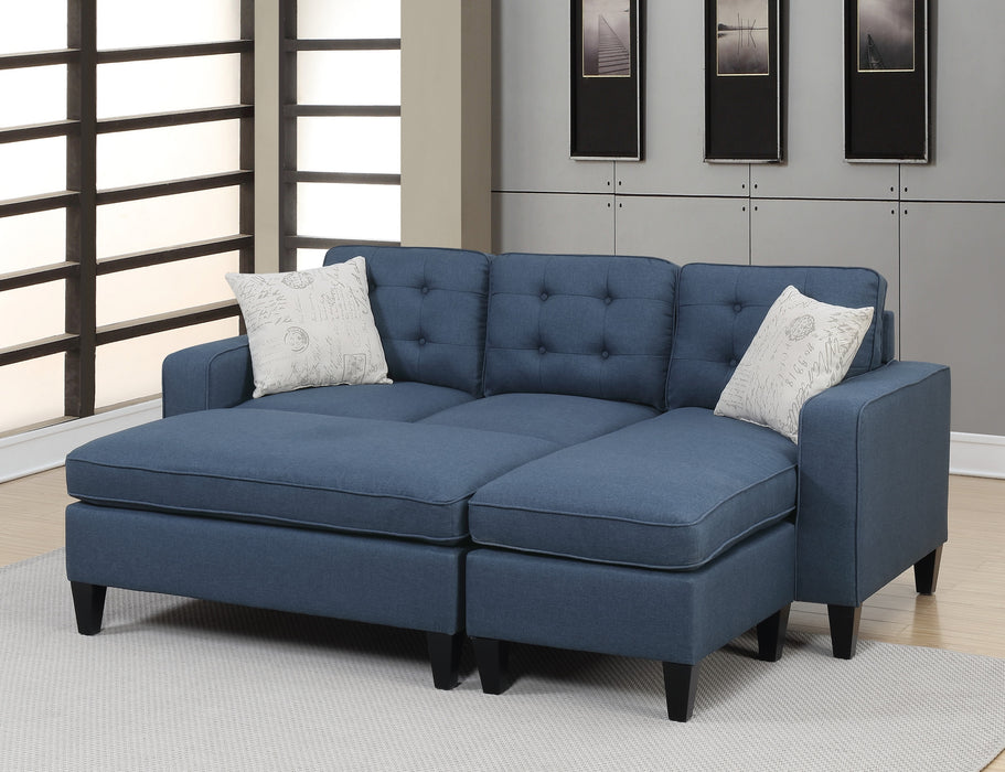 3-Piece Reversible Sectional Sofa Set with Navy Tufted Polyfiber, Wood Legs, Chaise Sofa, Ottoman, Pillows, and Cushion Couch