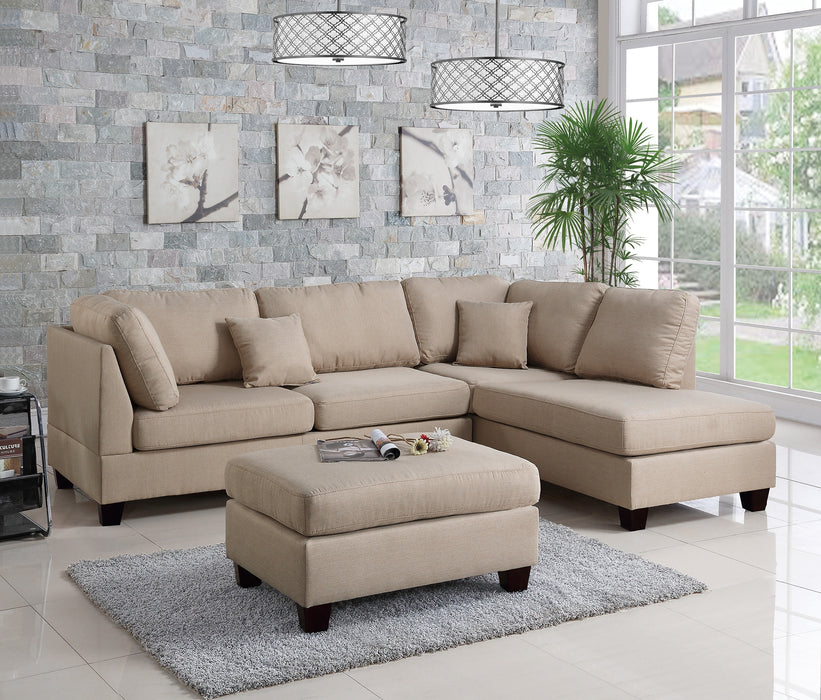 3-Piece Sectional Living Room Furniture Set with Reversible Chaise Sofa, Ottoman, and Polyfiber Linen-Like Fabric Cushion Couch, Sand Color