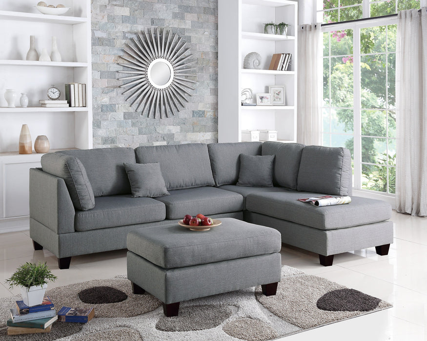 Grey 3-Piece Sectional Living Room Furniture Set, Reversible Chaise Sofa and Ottoman with Polyfiber Linen-Like Fabric Cushion Couch