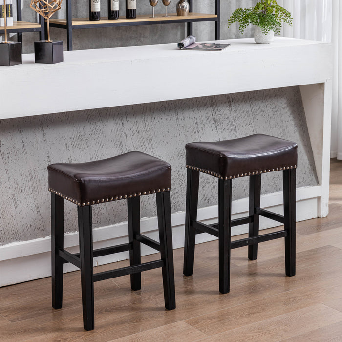 26-Inch Counter Height Bar Stools For Kitchen, Set of 2 Backless Farmhouse Island Chairs, Brown, Faux Leather