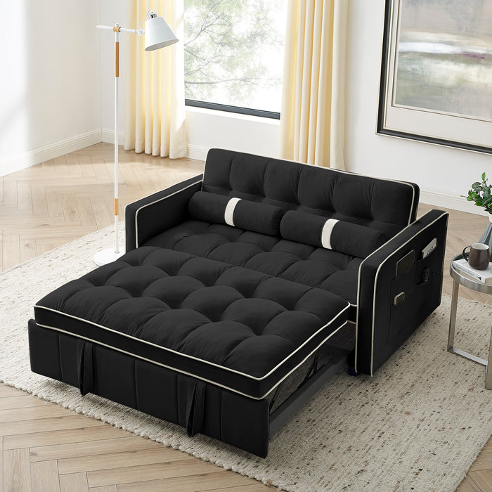 Modern 55.5" Pull Out Sleep Sofa Bed, 2-Seater Loveseat with Side Pockets, Adjustable Backrest, Lumbar Pillows - Ideal for Apartment, Office, Living Room, Black