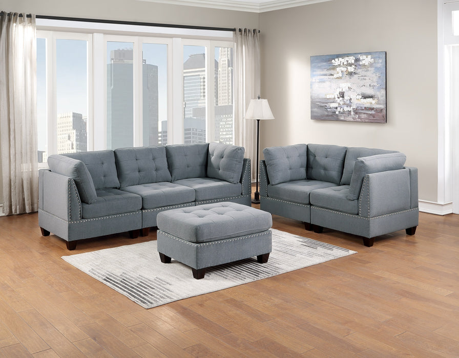 6-Piece Modular Sofa Set, Linen-Like Fabric, Tufted Couch, Nailheads - Living Room Furniture with 4x Corner Wedge, 1x Armless Chair, 1x Ottoman, Gray